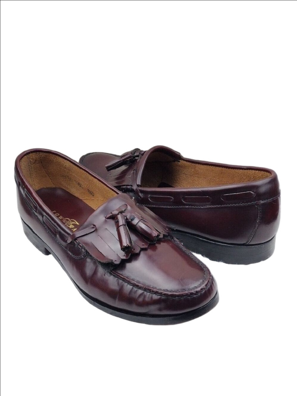 Towncraft Maroon Leather Feather Tassel Upper Low Block Heel Slip On Loafer Shoe